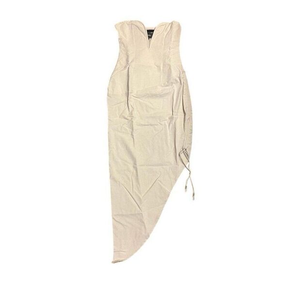 PLT NWT Sand Neutral Plunge Asymmetrical Midi Dress Old Money Quiet Luxury Chic - Picture 6 of 12